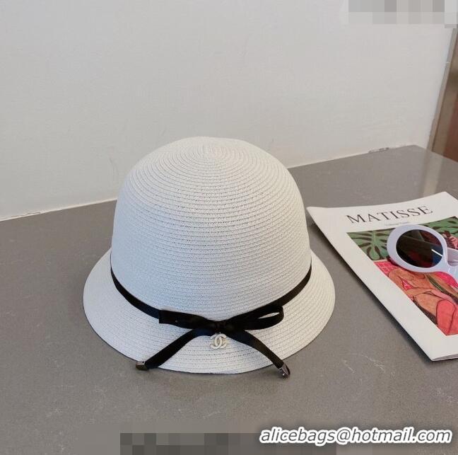 Top Quality Chanel Straw Bucket Hat with CC Bow 030806 White 2023