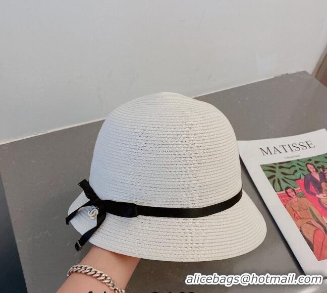 Top Quality Chanel Straw Bucket Hat with CC Bow 030806 White 2023