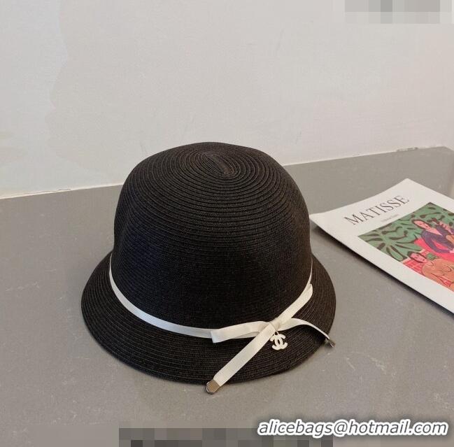 Cheapest Chanel Straw Bucket Hat with CC Bow 030806 Black 2023