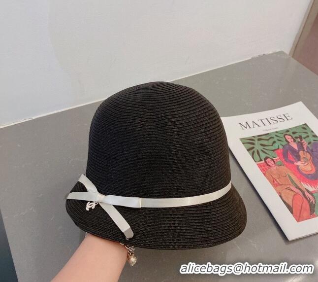 Cheapest Chanel Straw Bucket Hat with CC Bow 030806 Black 2023