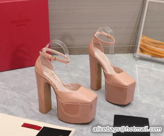 Stylish Valentino Tan-Go Platform Pumps 15.5cm in Patent Leather Nude 112987