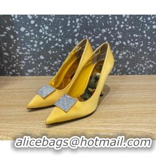 Classic Hot Valentino One Stud Silk High Heel Pumps 10cm with Crystal Yellow 112990