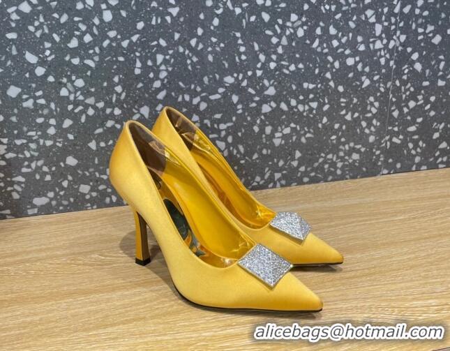 Classic Hot Valentino One Stud Silk High Heel Pumps 10cm with Crystal Yellow 112990