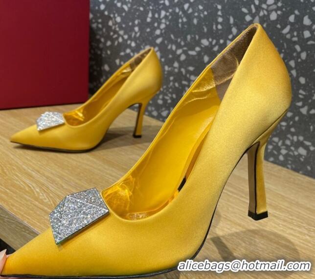 Classic Hot Valentino One Stud Silk High Heel Pumps 10cm with Crystal Yellow 112990