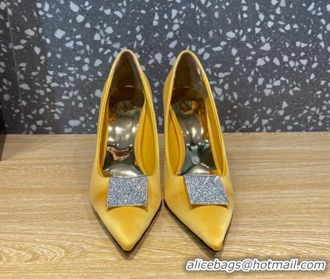 Classic Hot Valentino One Stud Silk High Heel Pumps 10cm with Crystal Yellow 112990