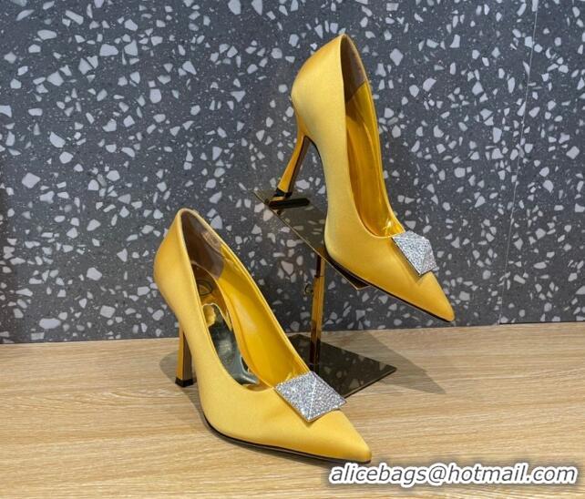 Classic Hot Valentino One Stud Silk High Heel Pumps 10cm with Crystal Yellow 112990