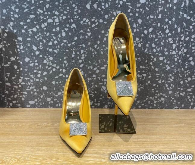 Classic Hot Valentino One Stud Silk High Heel Pumps 10cm with Crystal Yellow 112990