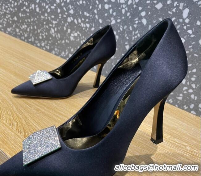 Stylish Valentino One Stud Silk High Heel Pumps 10cm with Crystal Black 112991