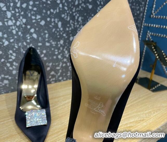 Stylish Valentino One Stud Silk High Heel Pumps 10cm with Crystal Black 112991