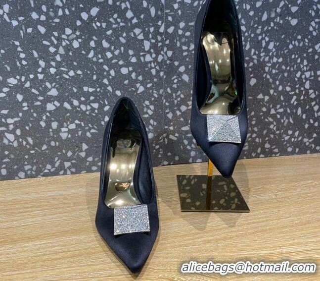 Stylish Valentino One Stud Silk High Heel Pumps 10cm with Crystal Black 112991