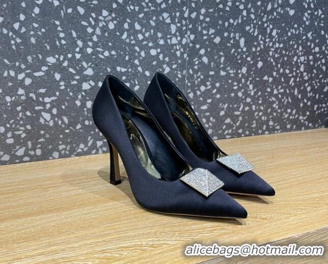 Stylish Valentino One Stud Silk High Heel Pumps 10cm with Crystal Black 112991