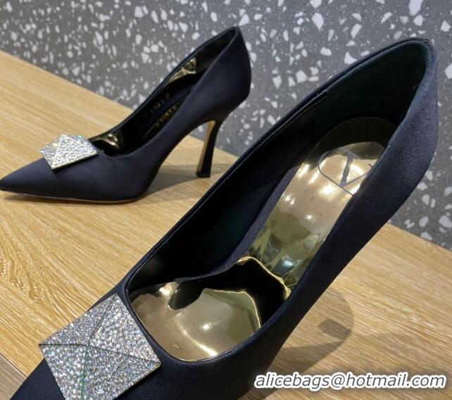 Stylish Valentino One Stud Silk High Heel Pumps 10cm with Crystal Black 112991