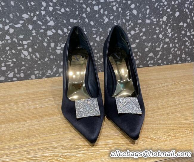 Stylish Valentino One Stud Silk High Heel Pumps 10cm with Crystal Black 112991