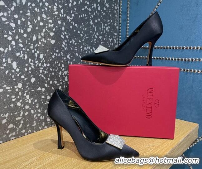 Stylish Valentino One Stud Silk High Heel Pumps 10cm with Crystal Black 112991