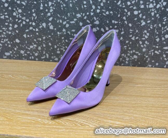 Best Grade Valentino One Stud Silk High Heel Pumps 10cm with Crystal Purple 112993