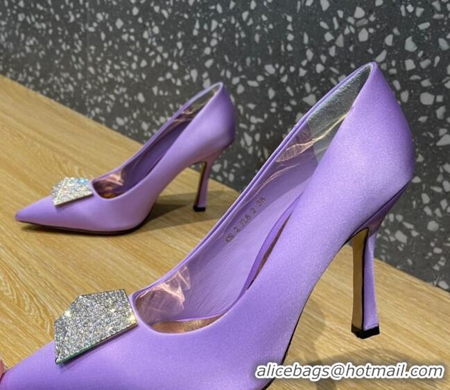 Best Grade Valentino One Stud Silk High Heel Pumps 10cm with Crystal Purple 112993