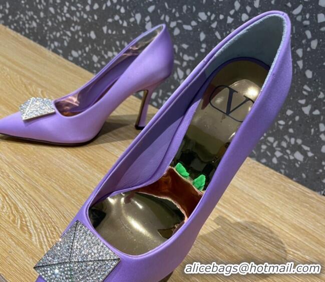 Best Grade Valentino One Stud Silk High Heel Pumps 10cm with Crystal Purple 112993