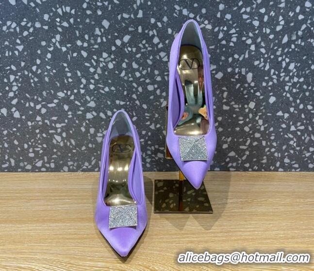 Best Grade Valentino One Stud Silk High Heel Pumps 10cm with Crystal Purple 112993