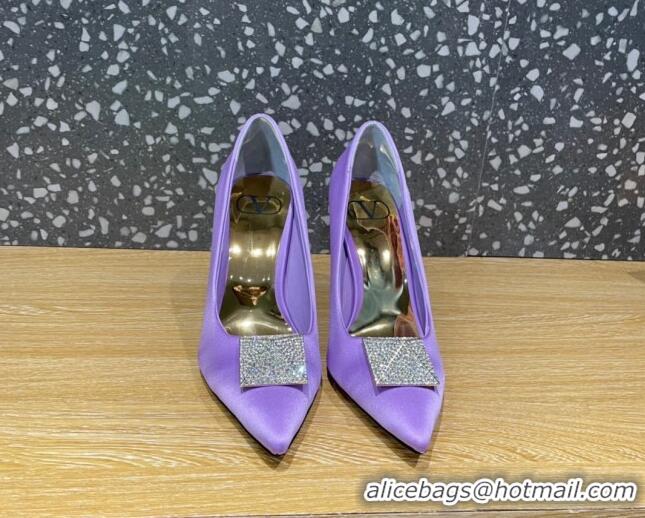 Best Grade Valentino One Stud Silk High Heel Pumps 10cm with Crystal Purple 112993