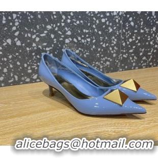 Top Grade Valentino One Stud Patent Leather Medium Heel Pumps 5cm Blue 112995