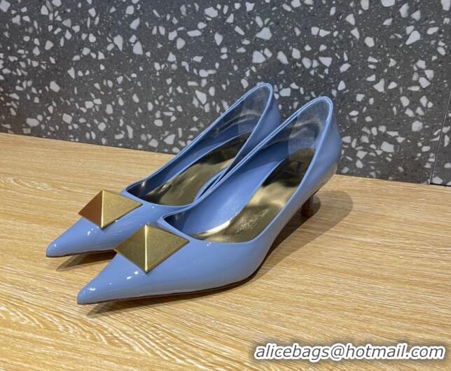 Top Grade Valentino One Stud Patent Leather Medium Heel Pumps 5cm Blue 112995