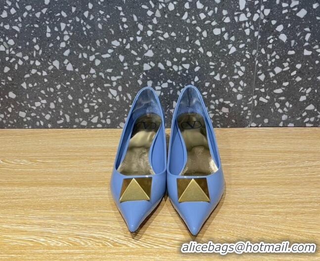 Top Grade Valentino One Stud Patent Leather Medium Heel Pumps 5cm Blue 112995