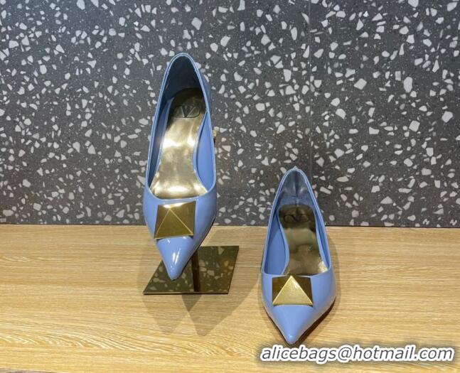 Top Grade Valentino One Stud Patent Leather Medium Heel Pumps 5cm Blue 112995