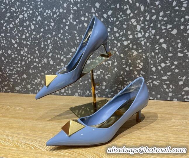 Top Grade Valentino One Stud Patent Leather Medium Heel Pumps 5cm Blue 112995