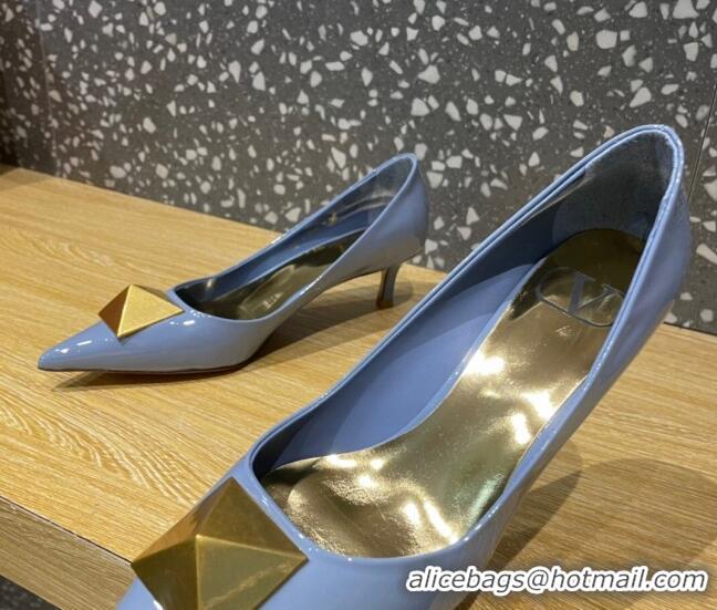 Top Grade Valentino One Stud Patent Leather Medium Heel Pumps 5cm Blue 112995