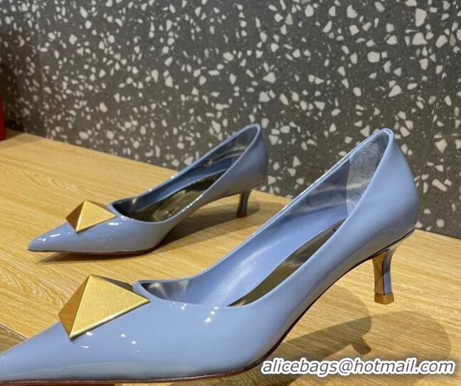 Top Grade Valentino One Stud Patent Leather Medium Heel Pumps 5cm Blue 112995