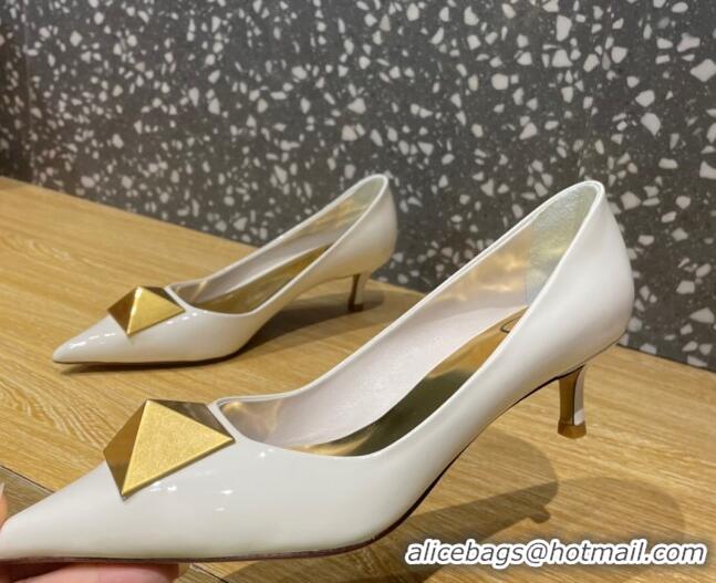 Luxury Valentino One Stud Patent Leather Medium Heel Pumps 5cm White 112996