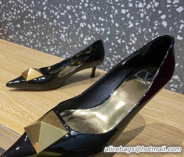 Best Product Valentino One Stud Patent Leather Medium Heel Pumps 5cm Black/Gold 112997