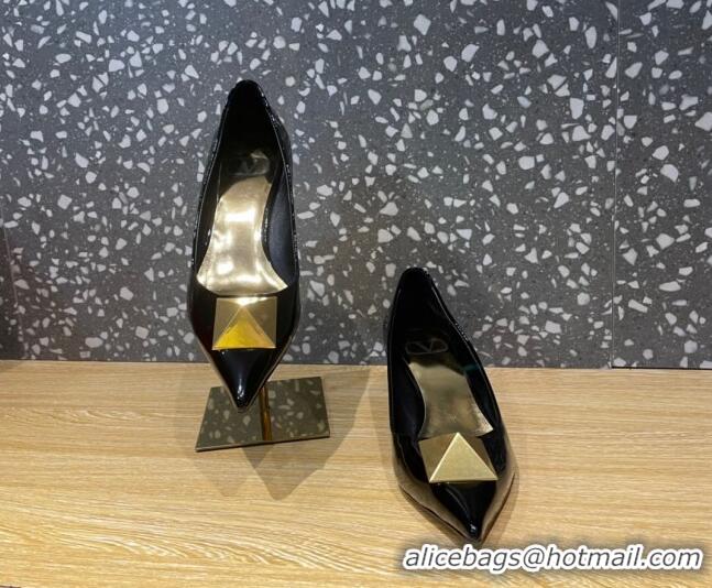 Best Product Valentino One Stud Patent Leather Medium Heel Pumps 5cm Black/Gold 112997