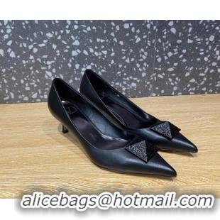 Perfect Valentino One Stud Patent Leather Medium Heel Pumps 5cm with Crystal All Black 112999