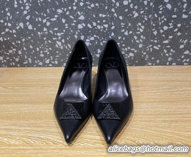 Perfect Valentino One Stud Patent Leather Medium Heel Pumps 5cm with Crystal All Black 112999