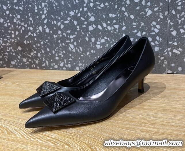 Perfect Valentino One Stud Patent Leather Medium Heel Pumps 5cm with Crystal All Black 112999