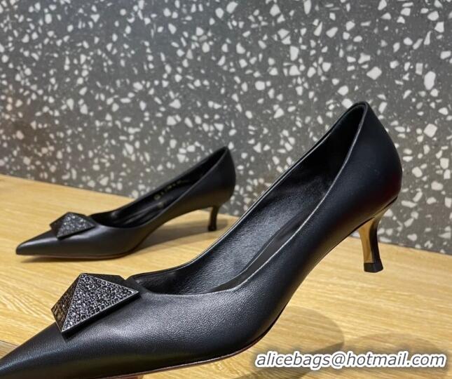 Perfect Valentino One Stud Patent Leather Medium Heel Pumps 5cm with Crystal All Black 112999