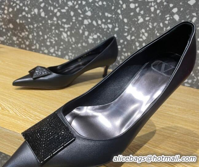 Perfect Valentino One Stud Patent Leather Medium Heel Pumps 5cm with Crystal All Black 112999