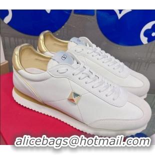 Good Looking Valentino One Stud Sneakers in Silk Calfskin and Suede White/Gold 120329