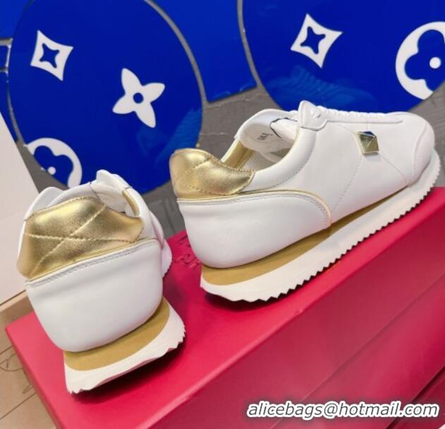 Good Looking Valentino One Stud Sneakers in Silk Calfskin and Suede White/Gold 120329