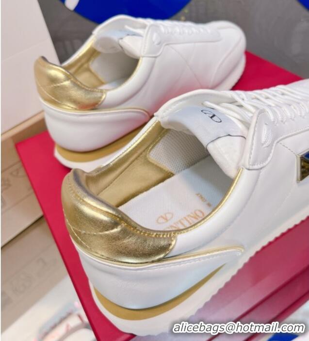 Good Looking Valentino One Stud Sneakers in Silk Calfskin and Suede White/Gold 120329