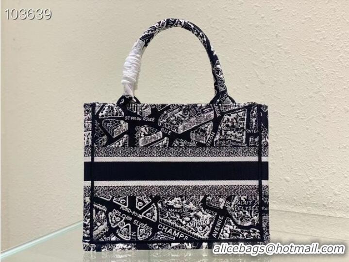 Buy Cheap SMALL DIOR BOOK TOTE Black and White Plan de Paris Embroidery M1265ZC