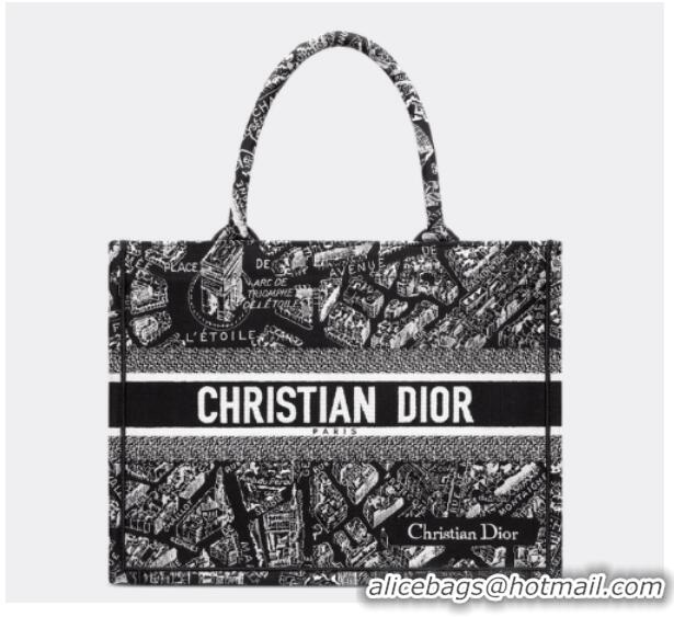 Promotional MEDIUM DIOR BOOK TOTE Black and White Plan de Paris Embroidery M1296ZOM