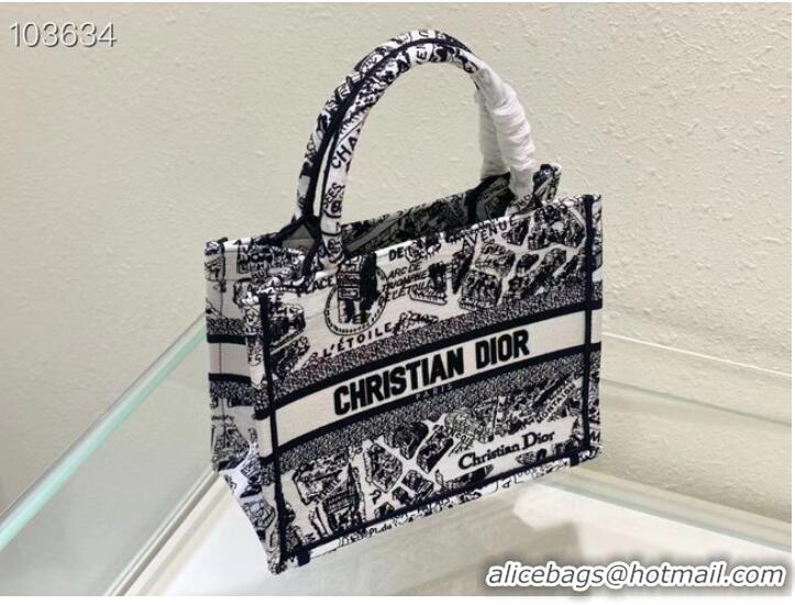 Super Quality SMALL DIOR BOOK TOTE White and Black Plan de Paris Embroidery M1265ZC