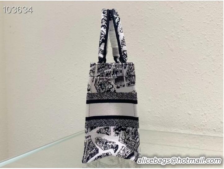 Super Quality SMALL DIOR BOOK TOTE White and Black Plan de Paris Embroidery M1265ZC