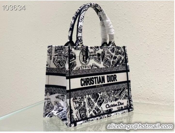 Super Quality SMALL DIOR BOOK TOTE White and Black Plan de Paris Embroidery M1265ZC