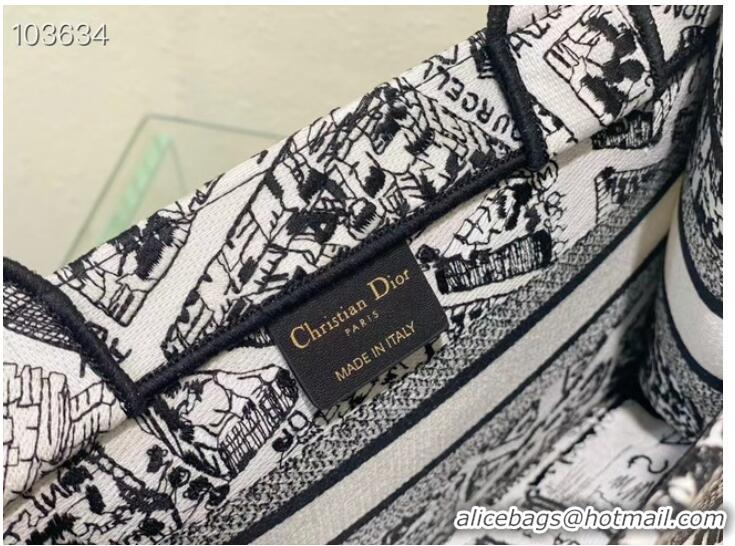 Super Quality SMALL DIOR BOOK TOTE White and Black Plan de Paris Embroidery M1265ZC