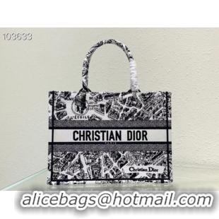 Top Quality MEDIUM DIOR BOOK TOTE White and Black Plan de Paris Embroidery M1296ZOM