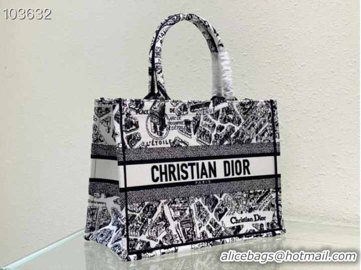 Top Quality MEDIUM DIOR BOOK TOTE White and Black Plan de Paris Embroidery M1296ZOM