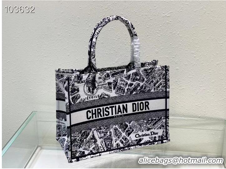 Top Quality MEDIUM DIOR BOOK TOTE White and Black Plan de Paris Embroidery M1296ZOM